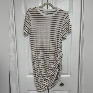 Universal Thread Tan and White Striped T-Shirt Dress With Cinched Side. Size Med